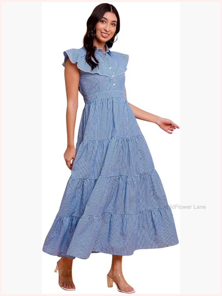 Sleeveless Cotton Maxi Dress With Ruffle Collar Tiered A-Line